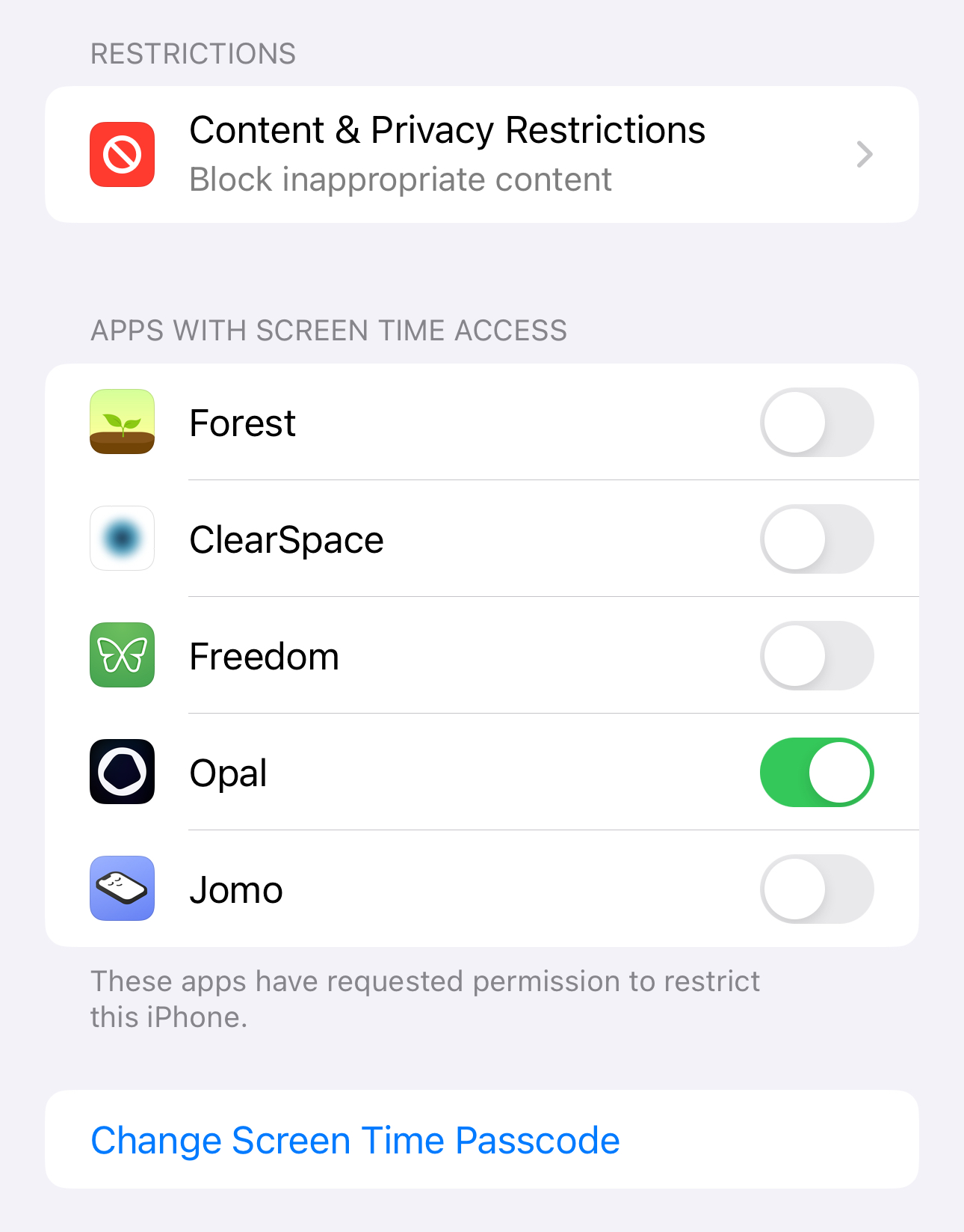 iOS Settings showing Screen Time access toggles for Forest, ClearSpace, Freedom, Opal, and Jomo