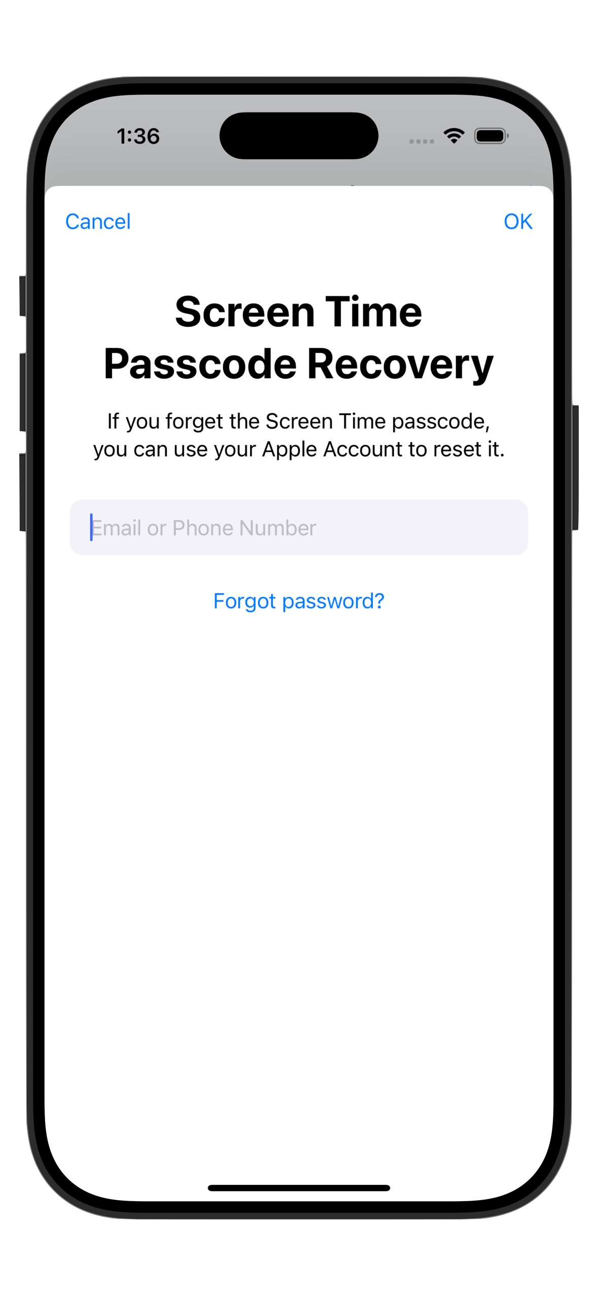 Screen Time's Forgot Password screen, blocked by Shutout